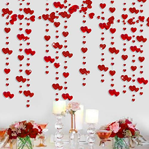 Pink Blume Girlande 16 m doppelt in rot mit hängendem Herz Girlande mit Glitzer doppelseitig aus metallischem Papier für Junggesellinnenabschied, Geburtstag, Valentinstag Dekoration