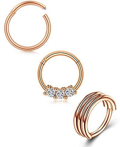 Mayhoop 18G Nose Rings Septum Piercing Surgical Steel Rose Gold 8mm Clicker Rings Helix Hoop Tragus Daith Rook Earrings Piercing Jewellery 3Pcs