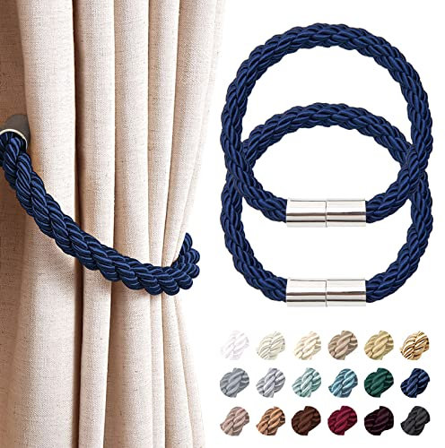 Pretty Jolly 2 Pack Strong Magnetic Curtain Tiebacks Modern Simple Style Drape Tie Backs Convenient Decorative Weave Rope Curtain Holdback for Thin or Thick Home & Office Window Drapery (Royal Blue)