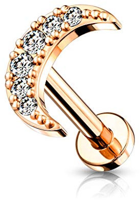 beyoutifulthings Lippen-Piercing Zirkonia Pavé Halb-Mond Roségold Clear Piercing-s Lippe Labret Stecker Chirurgenstahl Schraub-Verschluss Stab 6 mm