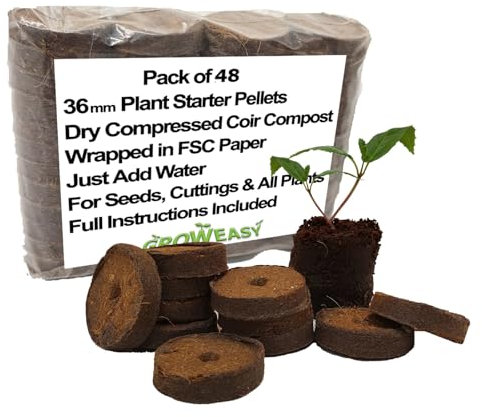 Plant Starter Pellets Size 36mm Pack of 48 | Grow Your Own Vegetables, Herbs and Flowers from Seed | Easy Propagation | Dry Compressed Coir Compost wrapped in Paper