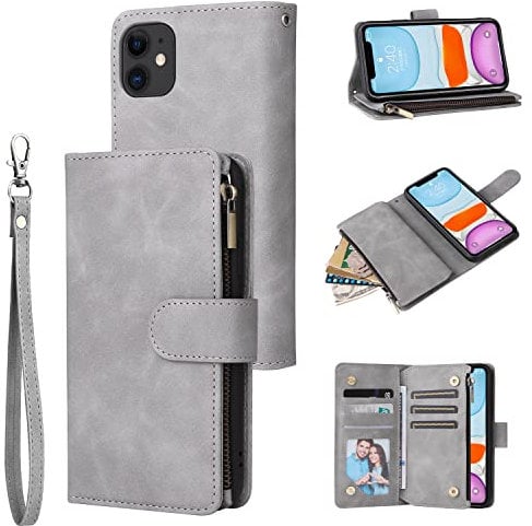 UEEBAI Wallet Case for iPhone 11 6.1 inch, Premium Vintage PU Leather Magnetic Closure Handbag Zipper Pocket Case Kickstand Card Holder Slots with Wrist Strap TPU Shockproof Flip Cover - Grey