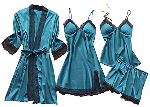 Yoofeiduoduo 4 teiliges Satin Pyjama Dessous-Sets, Dessous Frauen Silk Lace Babydoll Set Kimono Damen Morgenmantel Bademantel Seide Roben V Ausschnitt Mit Blumenspitze, Blau, M, ouvert reizwäsche