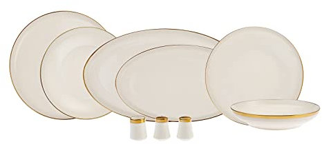 Karaca Eclipse Gold 57-Teiliges Geschirrset Für 12 Personen, Streamline, Servierteller, Kuchenteller, Pfefferstreuer, Bootsteller, Spülmaschine,Neuer Knochen, Stylisches Design, Praktisch