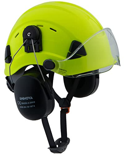 UNINOVA Forestry Helmet Chainsaw Helmet Arborist Helmet with Visor and Ear muffs Hearing Protection OSHA Safety Hard Hat Woodwork Tree Service Garden Work Helmet Hardhats(091 Lime+Clear Visor+Earmuff)