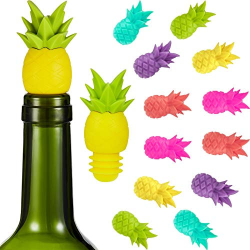 Diyfixlcd 14 Pieces Pineapple Silicone Bottle Stopper Wine Glass Markers, Silicone Charms and Wine Stoppers Reusable Beverage Bottle Stoppers Tropic Wine Glass Charms for Wedding Party Gift