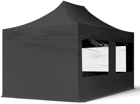 TOOLPORT 3x4,5m Faltpavillon Pavillon Partyzelt Gazebo Stahl 30mm, 4 Seitenteile, Panoramafenster, schwarz