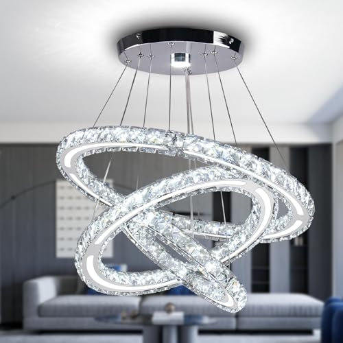 CXGLEAMING Modern LED Crystal Chandeliers Ceiling Light 3-Ring Light Ring with Adjustable Height for Living Room Bedrooms Kitchen Hall(White Light，209 Square Crystals)