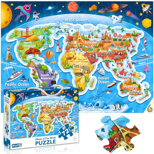 World map Jigsaw Puzzle for Kids Ages 3-5 4-8 Year Old and Up,Jumbo 72 Piece Scenery around the world Floor Puzzle Fancy Toddler Learn Educational Toys Gift Box