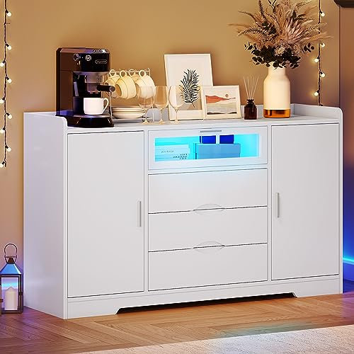 YITAHOME Sideboard Weiß 140cm - Küchenschrank & Wohnzimmer Kommode mit LED-Licht, Buffetschrank für Flur, Eingangsbereich, Küche oder Wohnzimmer, Vitrinenschrank Möbel (140.1x35x85cm)