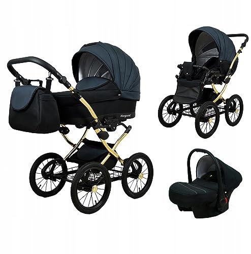 BabyLux® Bambimo Kinderwagen Set 3 in 1 - Margaret Gold - incl. Babywanne, Buggy Sportsitz, Auto-Babyschale - Autositz - Kinderwagenset - Kombikinderwagen mit Wickeltasche, Regenschutz usw.