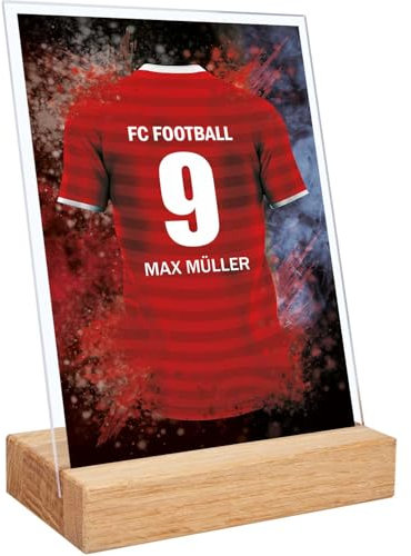 GRAVURZEILE Fußball Bild auf Acrylglas - Fussball Fanartikel Foto Trikot mit Name Nummer & Verein - Personalisierte Geschenke für Männer und Jungen - Geschenk für Ihn - Bayern Trikot - 15 x 20 cm