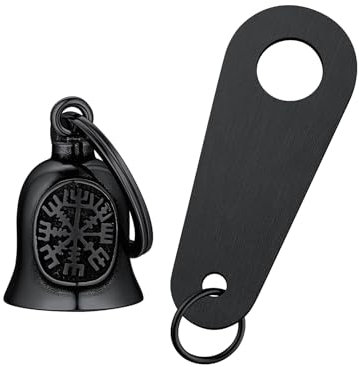 FaithHeart Motorrad Bell Glocke, Glücksbringer Wächterglocke für Motorrad, Schwarz Motorrad Schlüsselanhänger mit Wikinger Vegvisir Symbol,Wikinger Motorradglöcken für Biker