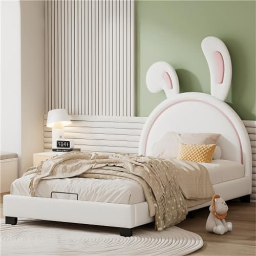 hrijusdif Einzel-Kinderbett mit Hasenohren-Rückenlehne und Holzlattenrost, rosa, Polsterbett, für Kinder und Jugendliche geeignet (White + Upholstered)