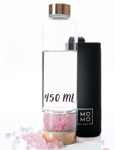 MOMO WAY Bouteille D'eau En Verre Avec Quartz Rose 450 ml Gourde Parfaite Pour Un Cadeau Pierres Naturelles De Quartz Or Rose