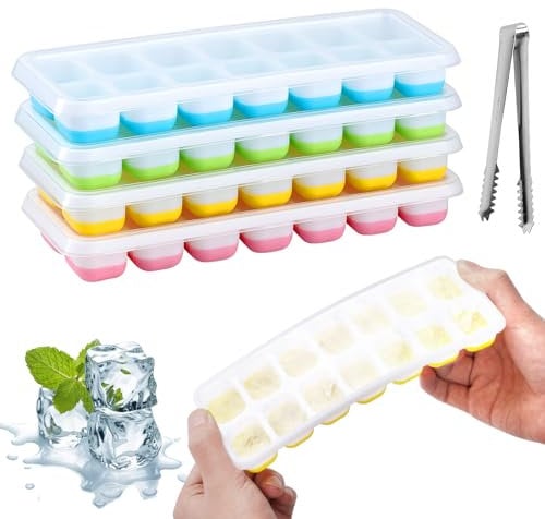 4 Pcs Ice Cube Tray with Lid, Silicone Trays with 14 Compartments, Reusable Moulds for Freezer, No-Spill Removable Cover, Easy-Release, BPA Free
