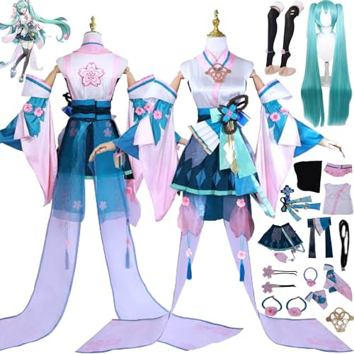 bbganlian Spiel O'nmyoji Linkage Miku Cosplay Kostüm Outfit H'atsune M'iku Uniform Komplettes Set Halloween Karneval Dress Up Anzug mit Kopfschmuck Perücke für Frauen Mädchen (M)