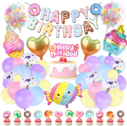 Eiscreme Geburtstagsdeko Mädchen Donut Kindergeburtstag Deko, Süßigkeiten Balloon Geburtstag Deko Happy Birthday Banner Luftballons Girlande Tortendeko Folienballon für Kinder Party Supplies Deko