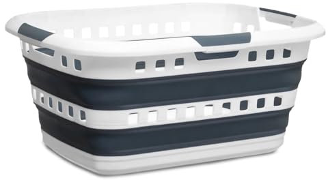 TIENDA EURASIA – Cesta Plegable para la Colada | Plástico y Silicona | Capacidad 45L | 3 Asas de Transporte | Cesta Colada | Color Blanco y Azul Indigo | con Orificios de Ventilación