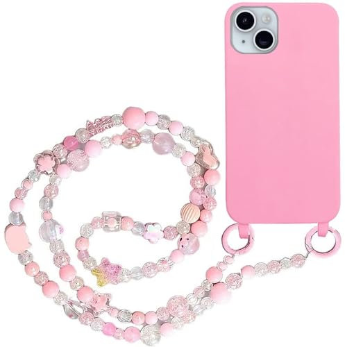 Rnrieyta Miagon Coque pour iPhone 13 avec Cordon,Silicone Liquide Bumper Lanière avec Bling Rose Perles Collier Longueur Chaîne Lanyard Case Housse Étui