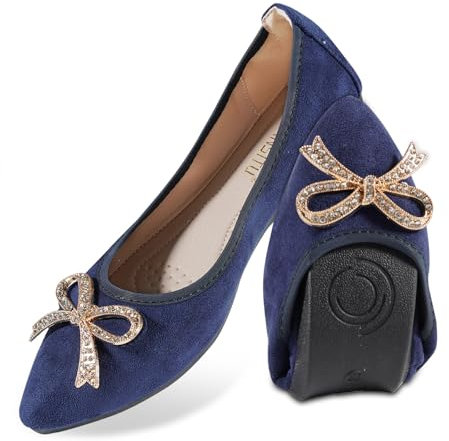 YOUNIFIZ Women Ballet Flats Foldable Fashion Bowtie Comfort Pointed Toe Slip On Ballerina Ladies Casual Comfort Faux Suede Loafers (Navy-2,Size 4)