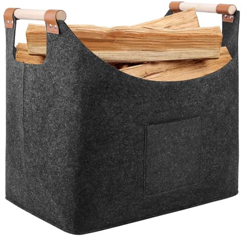 gaoduanluoluo Cesta Leña para Chimenea, Bolsas de Fieltro para Leña con Asas de Madera, Plegable Cesta de Fieltro, para Madera, Periódicos, Revistas, Juguetes (Gris oscuro)