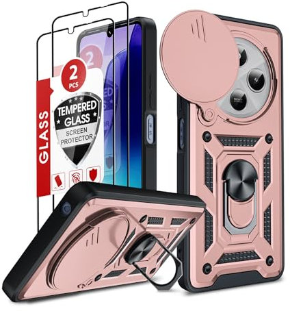 LeYi Hülle für Xiaomi Redmi 14C 4G Schutzhülle Kamera Schieber & 2 Displayschutz Folie, Militärische Rüstung Stehfunktion Handyhülle Kamera Objektivschutz Case Redmi 14 C 4 G Handy Hüllen Cover Rosa