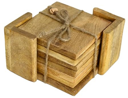 Quadratische Mangoholz Untersetzer 6er Set mit Aufbewahrungsbox