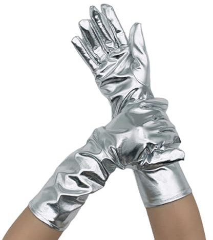 JSGHGDF Metallic Handschuhe Nachtclub Tanzhandschuhe Weihnachten Party Zubehör Vollfinger Dehnbare Handschuhe für, silber, M