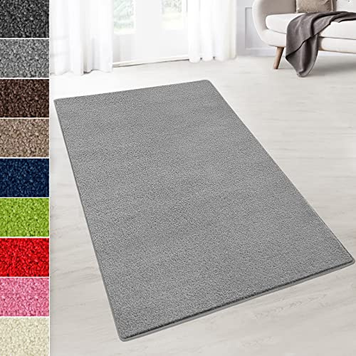 KARAT Kurzflor Teppich - Teppich Läufer für Wohnzimmer, Schlafzimmer, Kinderzimmer, Küche, Flur, Deko - Flauschiger Velours-Flor (Dynasty, Silbergrau, 66x100 cm)