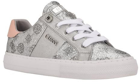 GUESS Women's Loven Sneaker, Silver/Pink Glitter Logo 099, 7 UK