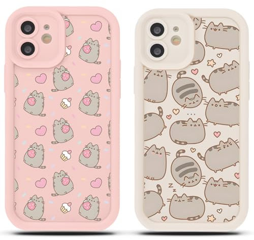 2 Stück Handyhülle für iPhone 12 6.1, Anime Cartoon Cute Katze Pusheen Cat Manga Muster mit Weich TPU Silikon Schutzhülle Kawaii Case Stoßfest Kratzfest Bumper Cover, Rosa