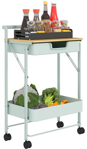 HOMCOM Carrito Auxiliar con Ruedas de 2 Niveles Carro de Cocina con 1 Cajón y 1 Cesta Carrito Organizador para Dormitorio Salón Oficina Verde Claro