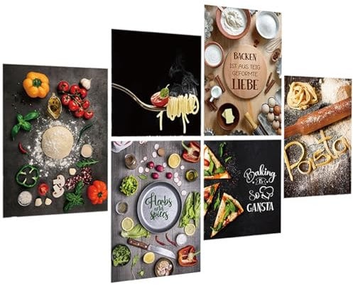 6er Set Wandtattoo Italien Pasta - Nudel Spaghetti Küche Kochen - BACKEN IST AUS TEIG GEFORMTE LIEBE - Wandaufkleber Wandbild für Deko Restaurant Küche Flur Wohnzimmer Schlafzimmer Wohnzimmer (P)