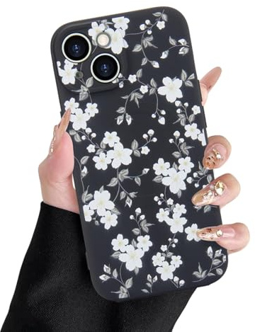 L-FADNUT for iPhone 15 Floral Case Compatible with Magsafe,Black | Cute Flower Leaves Magnetic Phone Case for Women Girls, White Floral Camera Protection Shockproof Slim Silicone Bumper Cover