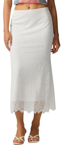 FEOYA Dam Lång Spetskjol Elegant Spets Tyll Sommarkjolar Avslappnad Elastisk Midi Kjol Bodycon Fisksvans, Vit, M