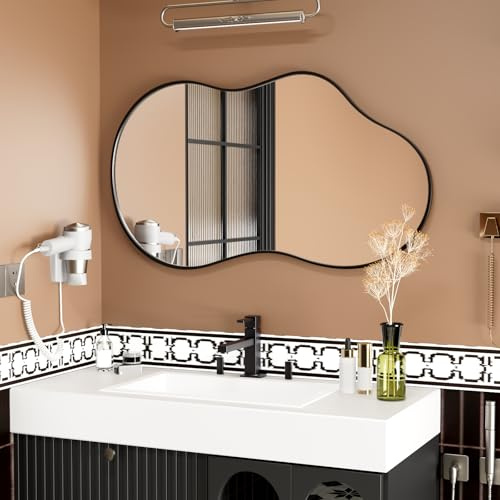 WEER Irregular Asymmetrical Wall Mirror, 60x90cm Cloud Frame Vanity Artistic Mirror, Black Unique Shaped Decorative for Living Room, Bathroom, Bedroom, Hallway