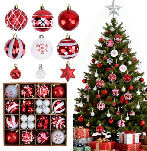 Kuvarix 42 Piezas Bolas de Navidad Rojas y Blancas, Bolas Arbol de Navidad 3cm/6cm de Diámetro, Aptas para Arboles de Interior y Exterior y Guirnaldas