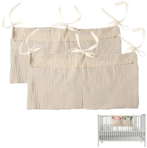 poraceous 2 Stück Babybett Organizers, Betttasche Spielzeugtasche, Wickeltisch Organizer Reines Baumwollmaterial, Bett Organizer Kinderbett mit 2 Taschen, für Baby und Kleinkinderzimmer