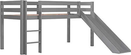 FURNLUX Hochbett Pino, 218x210x114 cm, Kinderbett mit Rutsche, Grau, Massivholz Kiefer, 90x200 cm Liegefläche, mit Lattenrost und Leiter