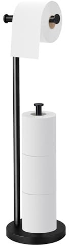 Toilet Roll Holder Free Standing,Bathroom Toilet Paper Holder, Heavy Base | Anti-Slip&Non-rust Black Toilet Roll Holder, 2-in-1 Toilet Roll Stand Holds 4 Rolls Storage,Loo Roll Holder Free Standing