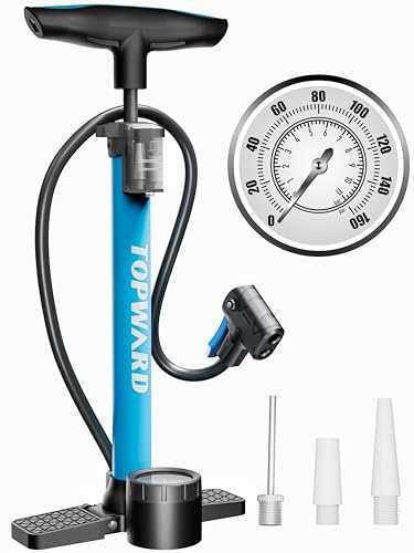 Topward Fahrradpumpe für alle Ventile, Standpumpe Fahrrad Mini Pumpe für Rennrad, Mountainbike, E-Bike - Luftpumpe für französisches Ventil, Auto-Ventil, DV, Ballpumpe - 11 Bar / 160 PSI Maximal druck