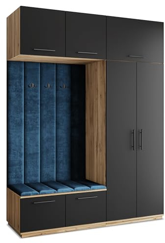 Masseno Flugarderoben Set Rema, Kleiderschrank-Set mit Sitzbank, Garderobenschrank Flur mit 5 Regalböden, Eiche Wotan/Schwarz