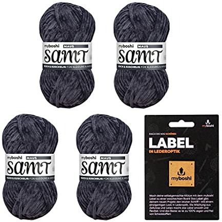 myboshi Samt-Wolle, inkl. original myboshi Label in Lederoptik, weiches Chenille-Garn, Ll. 100m/50g, für Amigurumi und Kissen, 100% flauschige Polyester Grau (Maus), 4 Knäuel
