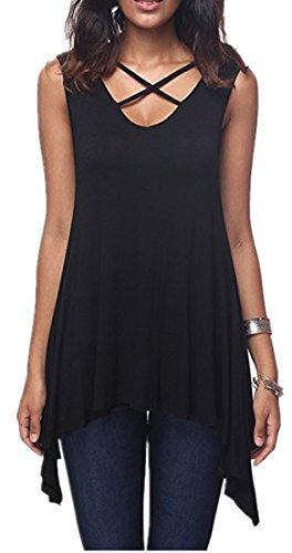Dreamskull Damen Frauen Tshirts Oberteile Blusen Tops Tunika Tuniken Longshirt Shirtkleider Lang Basic V Ausschnitt Ärmellos Asymetrisch mit Schnürung Vorne Casual Locker Lässig (M, Schwarz)