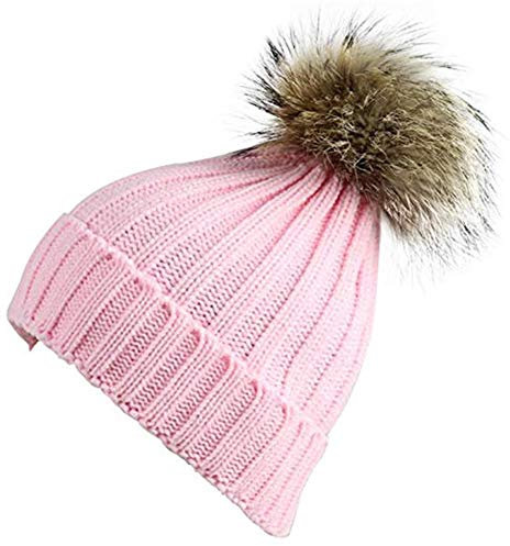 salefun Damen Strick-Mütze gefüttert mit Fell-Bommel, Kunstfell, Winter-Mütze, Bommelmütze Winter Strickmütze Weihnachten Geschenk