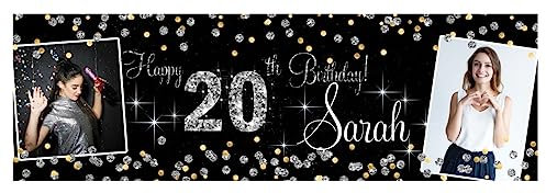 2 personalised birthday banner Photo Silver Gold Pink party wedding poster decoration 18th 21st 30th 40th 50th 60th 70th