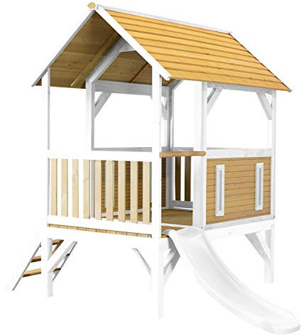AXI Spielhaus Akela mit weißer Rutsche | Stelzenhaus in Braun & Weiß aus FSC Holz für Kinder | Spielturm für den Garten.
