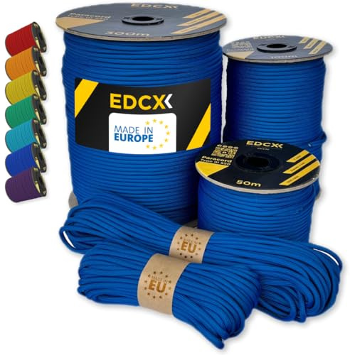 EdcX Paracord 550 4mm, 35+ Solid Colors (10m, 15m, 30m, 50m, 100m, 300m) | Blue, 100 m – 100% Nylon Rope 4mm, Type III 7 strand | Survival, Camping, Bushcraft, Crafts | Made in EU