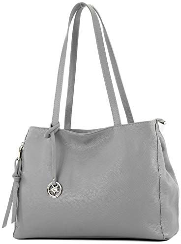 modamoda de T205 Damen Leder Schultertasche Shopper Henkeltasche handmade in Italy, Farbe:Telegrau